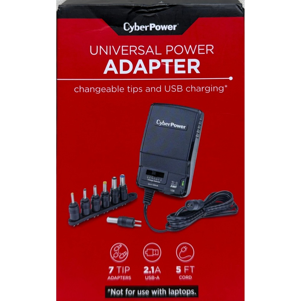 CyberPower CPUAC1U1300 Universal Power Adapter 7 Tips 2.1A USB 5ft Cord